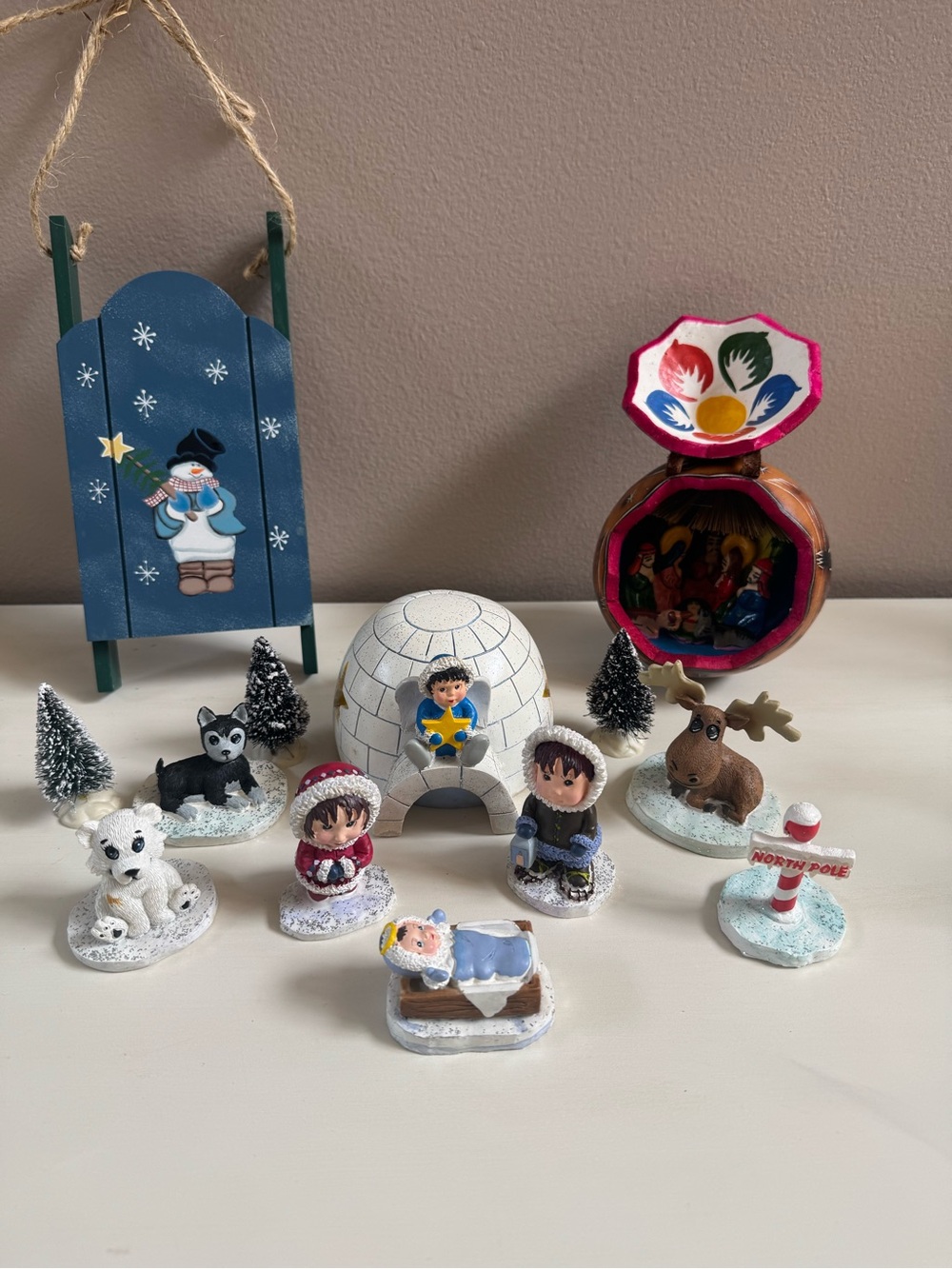 Christmas bundle, snowman door hanger; 2 Nativity sets- in box